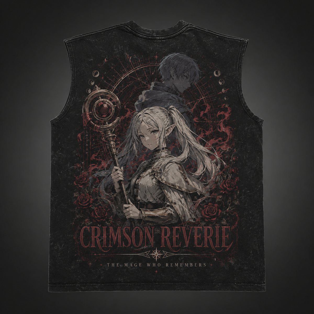 Frieren Anime Tank Top - Crimson Reverie Acid Wash Vest