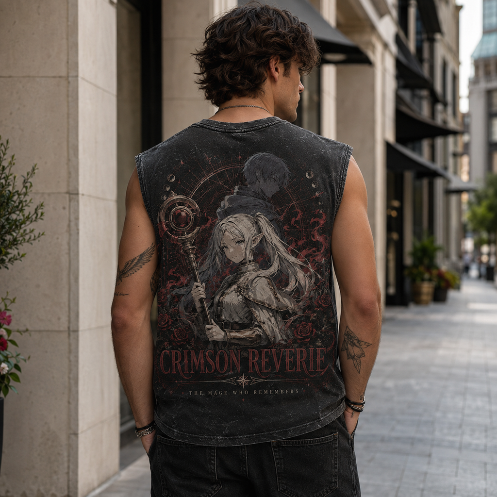 Frieren Anime Tank Top - Crimson Reverie Acid Wash Vest