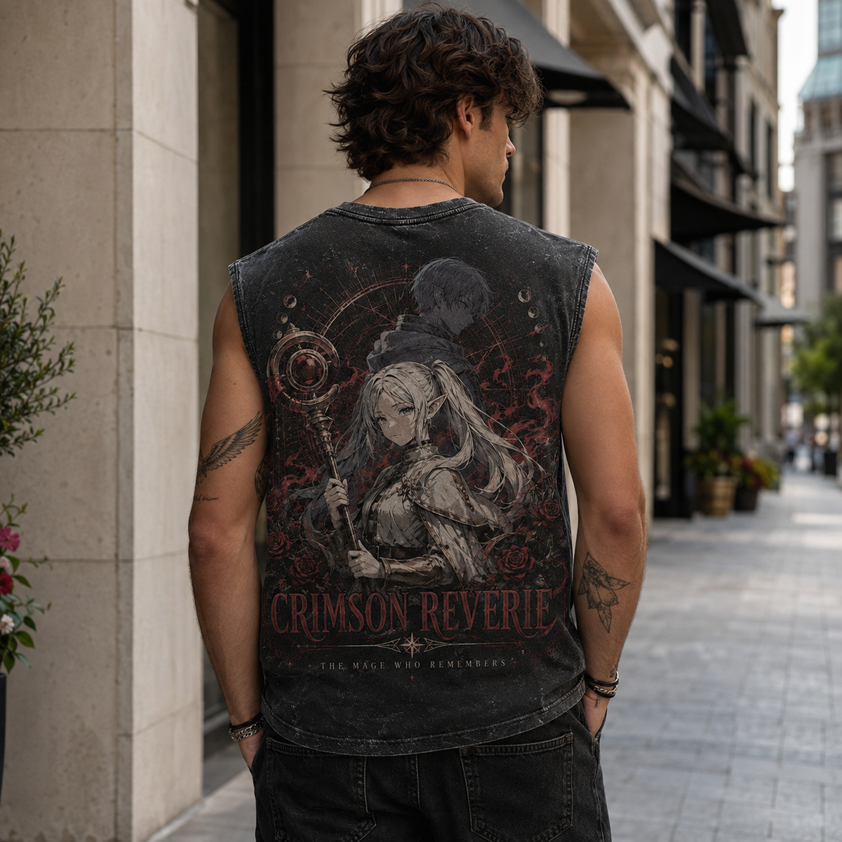 Frieren Anime Tank Top - Crimson Reverie Acid Wash Vest
