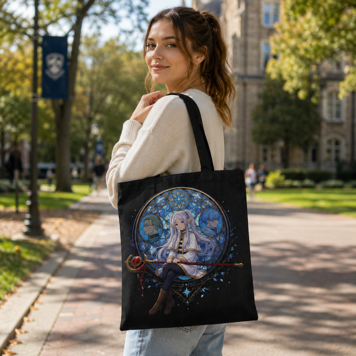 Frieren, Heiter, Himmel Stained Glass Memories Anime Canvas Tote Bag