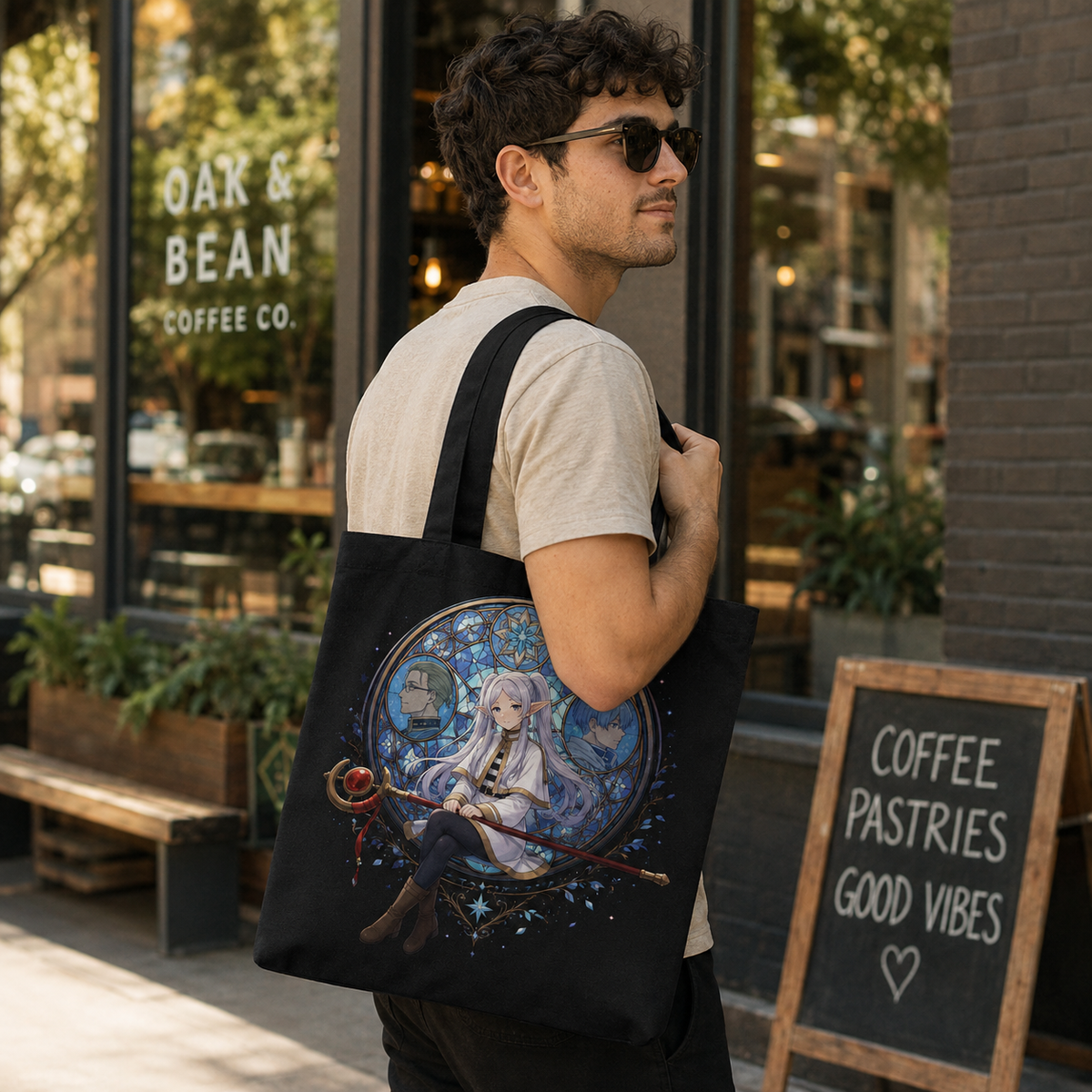 Frieren, Heiter, Himmel Stained Glass Memories Anime Canvas Tote Bag