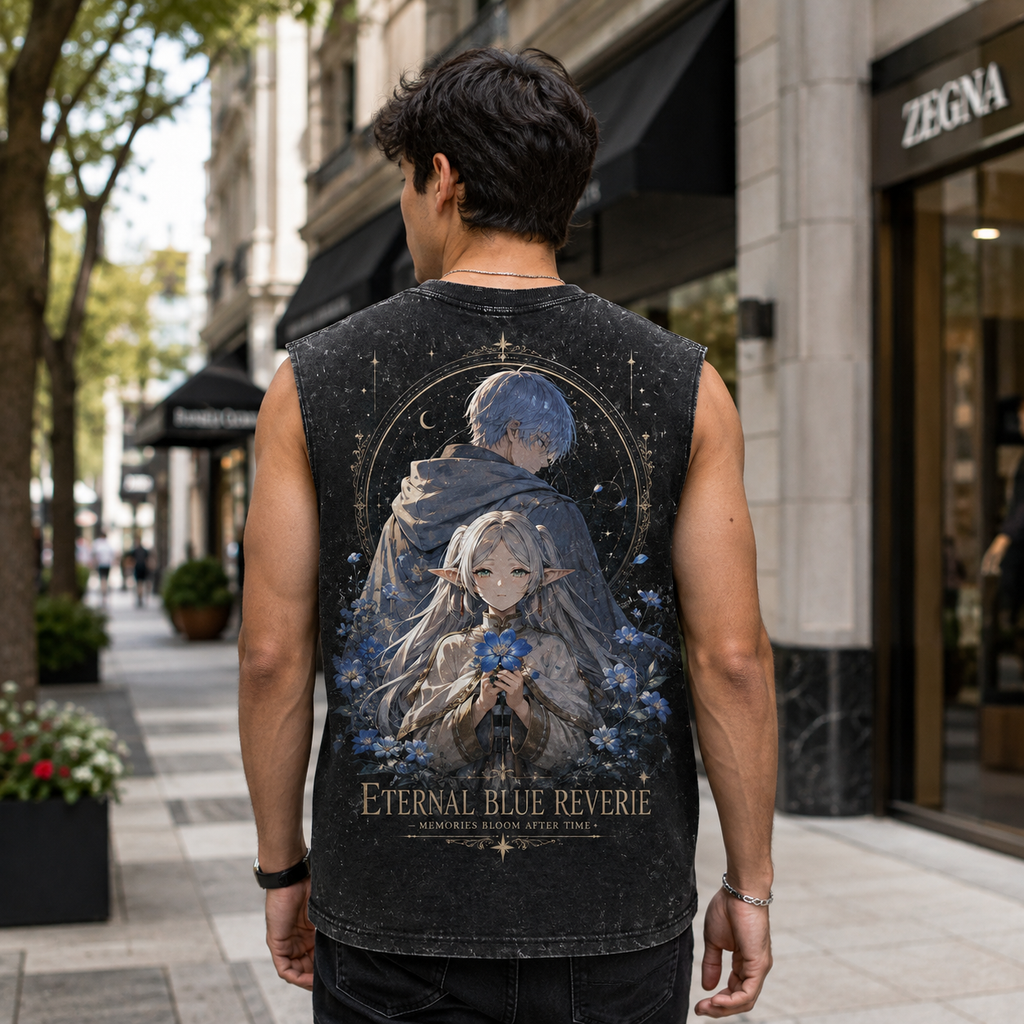 Frieren, Himmel Eternal Blue Reverie Acid Wash Vest Anime Tank Top