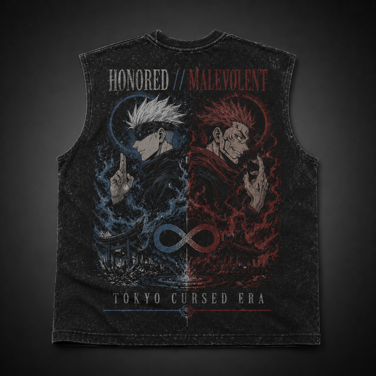 Gojo Satoru & Sukuna Jujutsu Kaisen Anime Tank Top - Honored Malevolent Acid Wash Vest