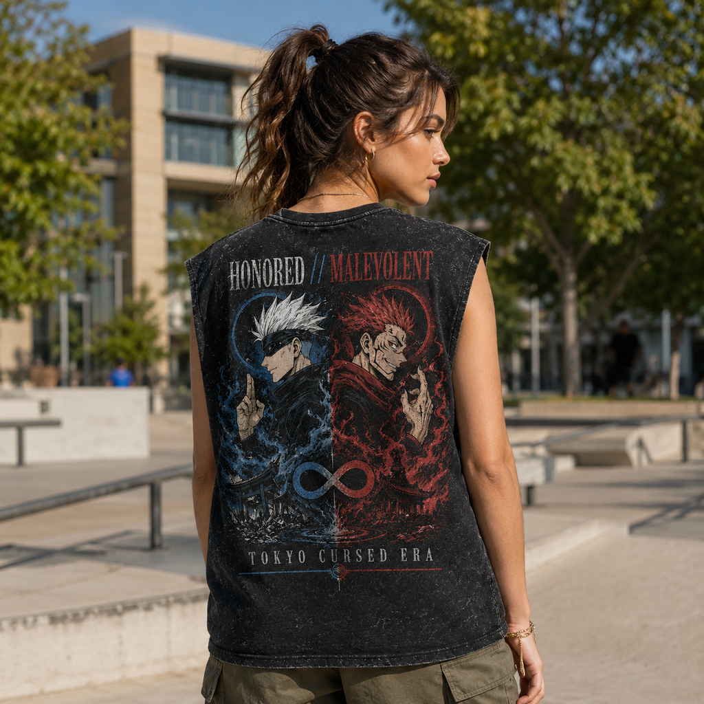 Gojo Satoru & Sukuna Jujutsu Kaisen Anime Tank Top - Honored Malevolent Acid Wash Vest
