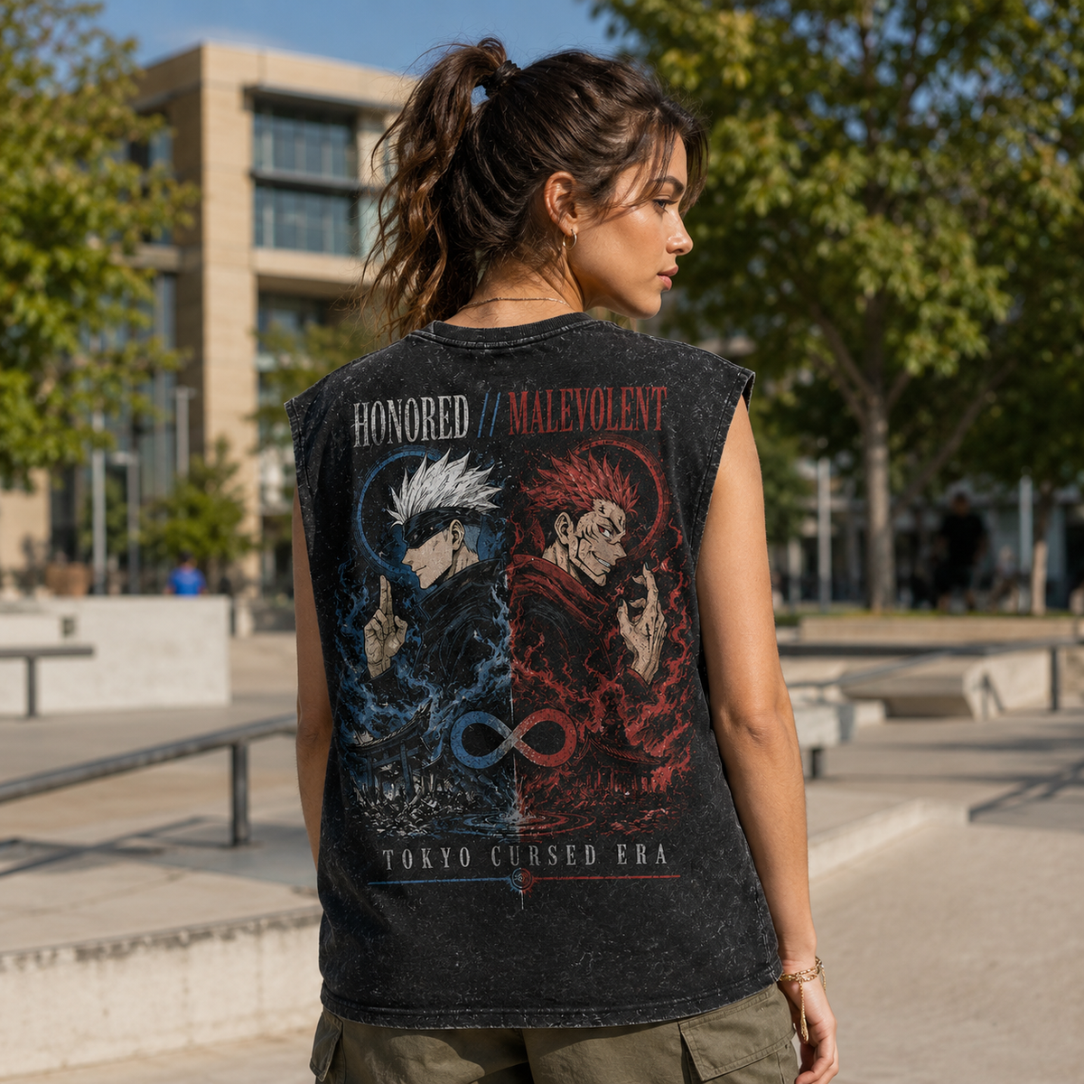 Gojo Satoru & Sukuna Jujutsu Kaisen Anime Tank Top - Honored Malevolent Acid Wash Vest