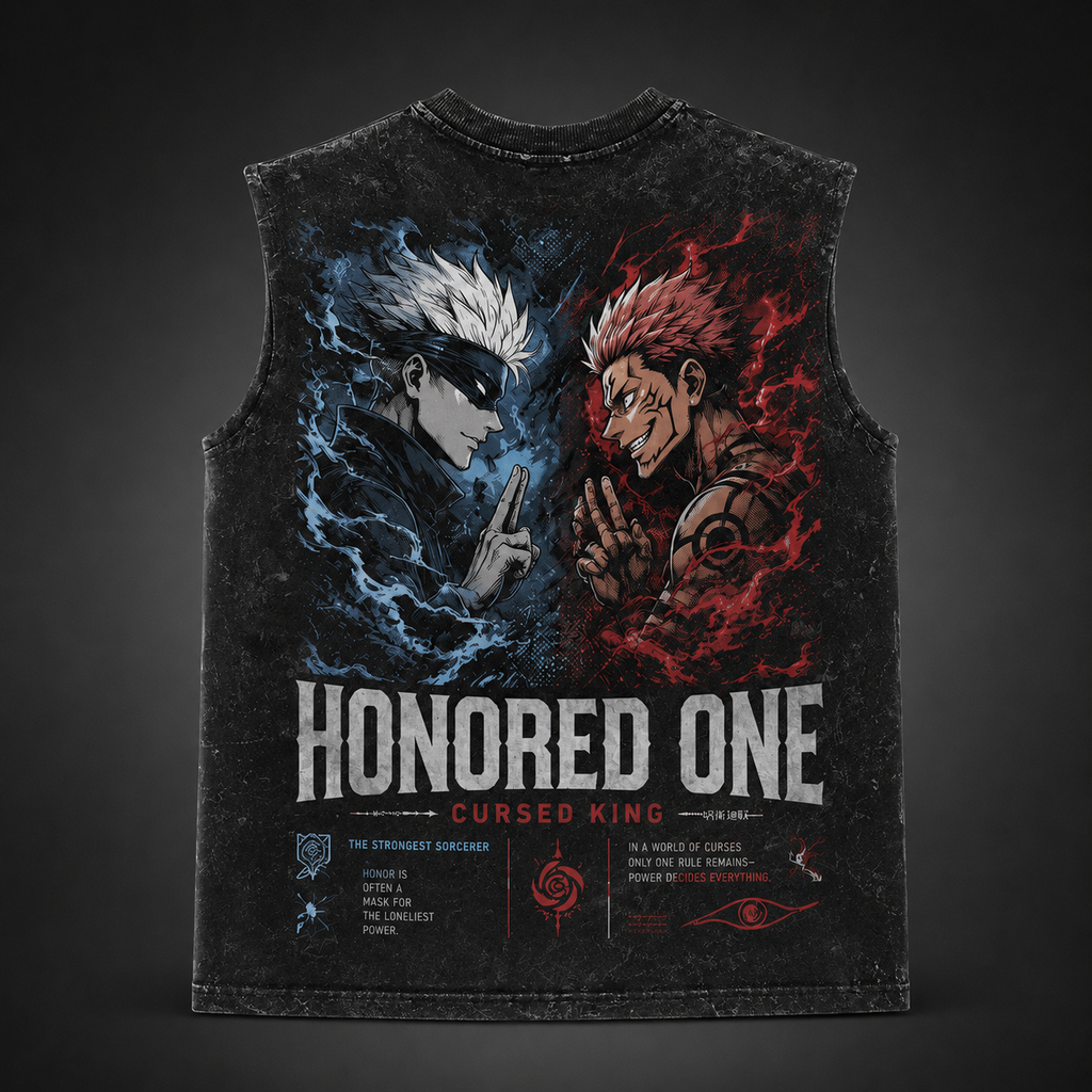 Gojo Satoru & Sukuna Jujutsu Kaisen Anime Tank Top - Honored One Acid Wash Vest