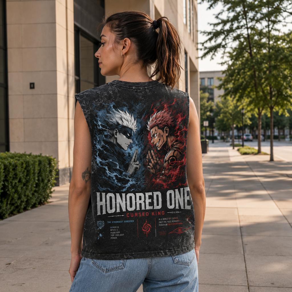 Gojo Satoru & Sukuna Jujutsu Kaisen Anime Tank Top - Honored One Acid Wash Vest