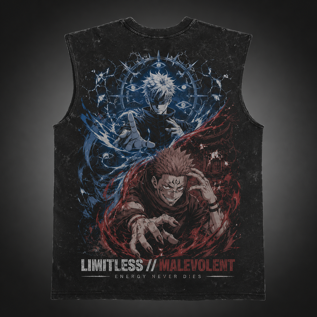 Gojo Satoru & Sukuna Jujutsu Kaisen Anime Tank Top - Limitless Malevolent Acid Wash Vest