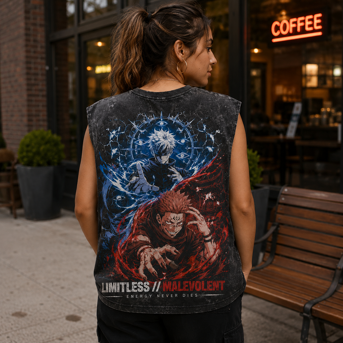 Gojo Satoru & Sukuna Jujutsu Kaisen Anime Tank Top - Limitless Malevolent Acid Wash Vest