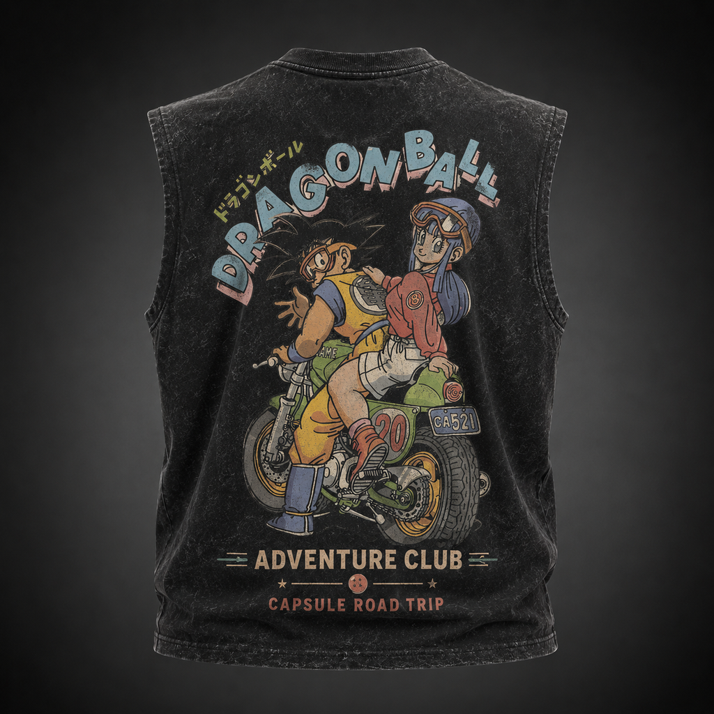 Goku & Bulma Dragon Ball Anime Tank Top - Capsule Road Trip Acid Wash Vest