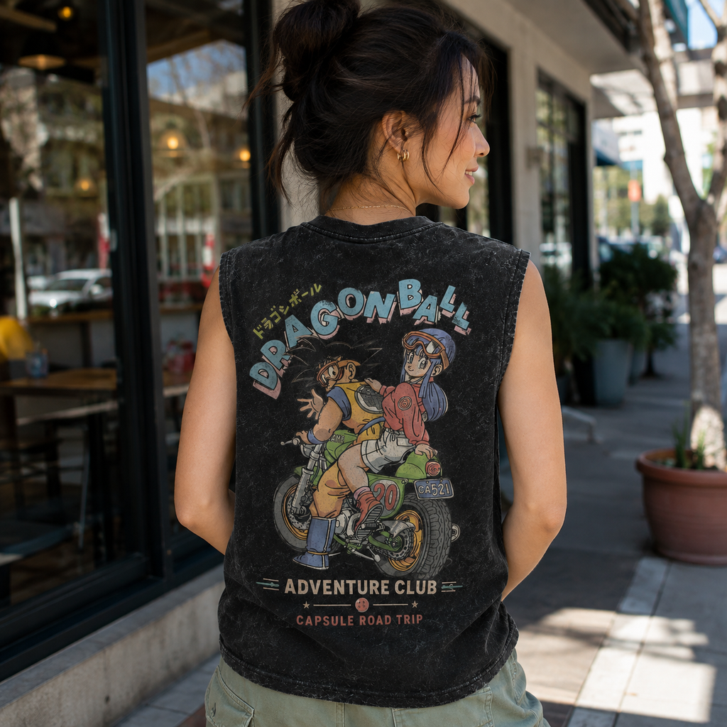 Goku & Bulma Dragon Ball Anime Tank Top - Capsule Road Trip Acid Wash Vest