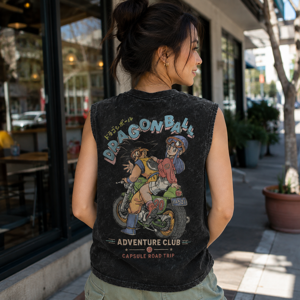 Goku & Bulma Dragon Ball Anime Tank Top - Capsule Road Trip Acid Wash Vest
