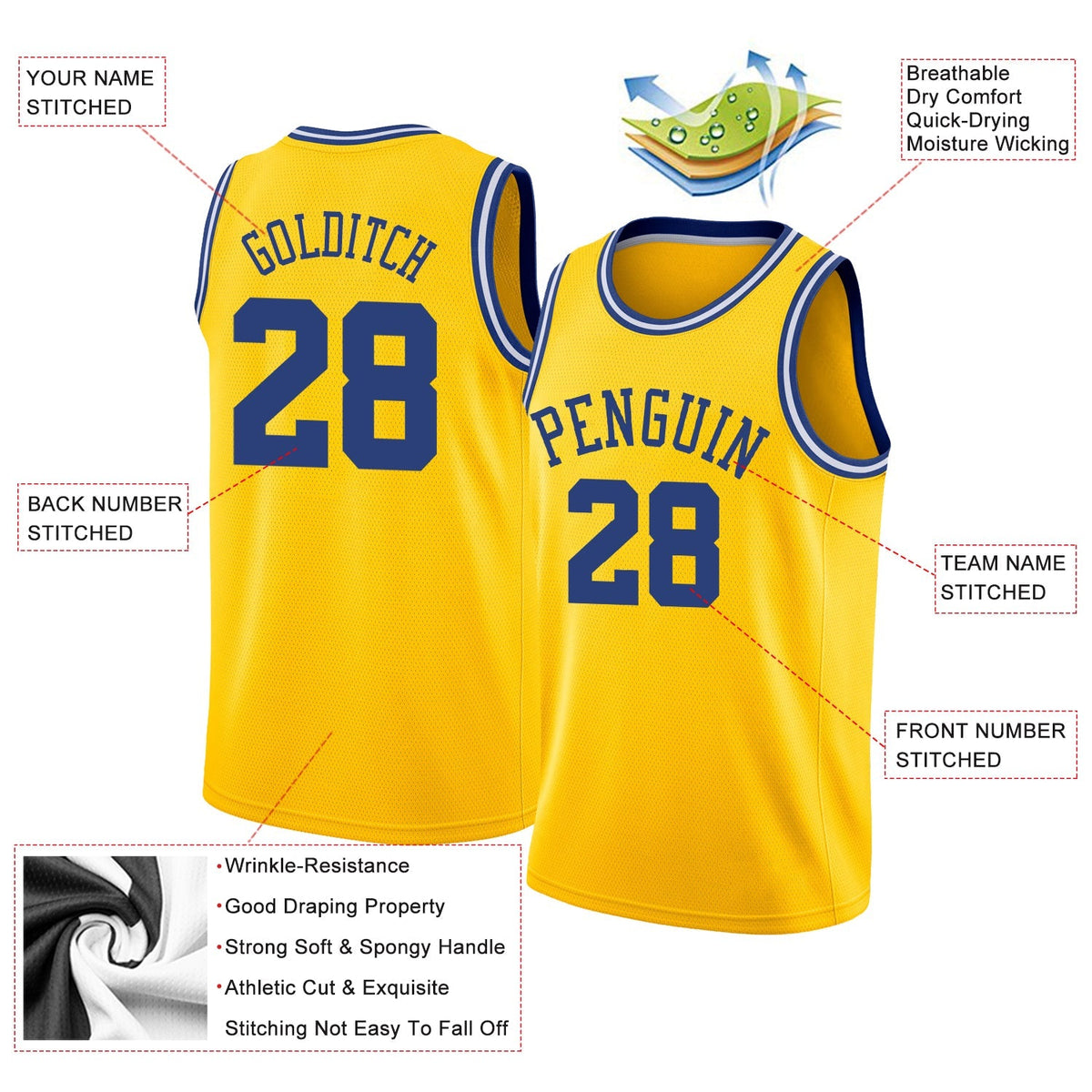 Custom Basketball Jersey - Gold Royal-White Round Neck Rib-Knit