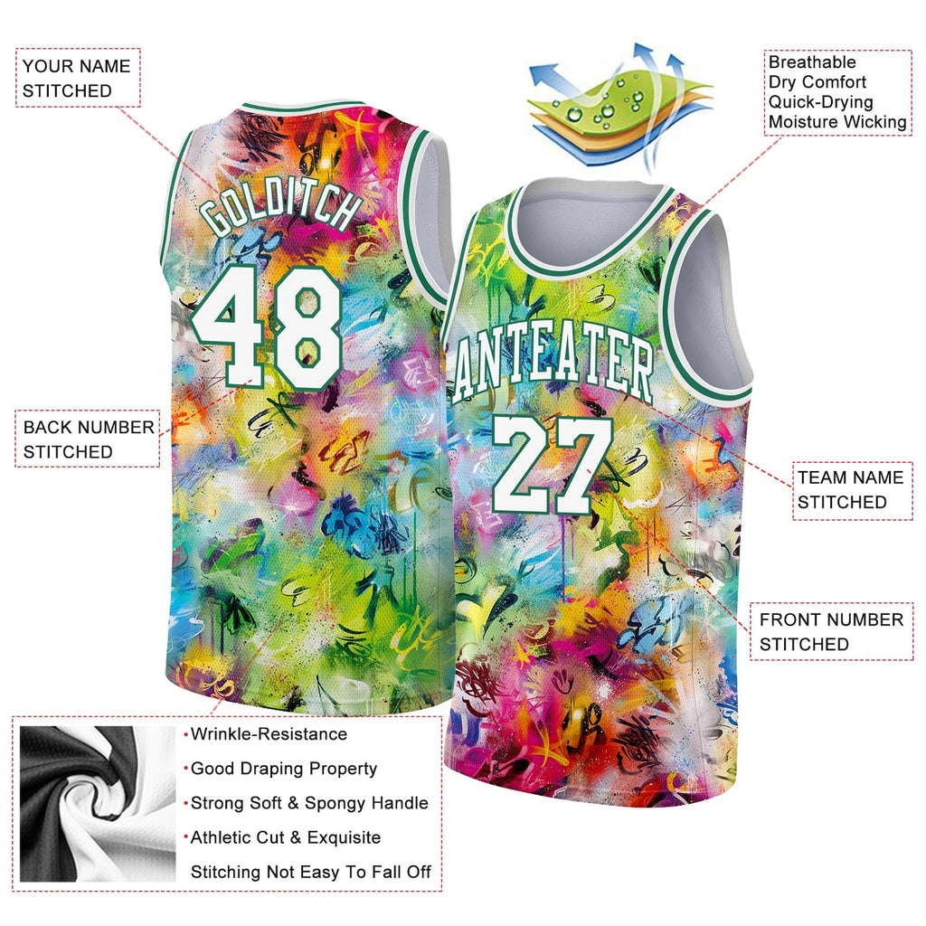 Custom Basketball Jersey - Scratch Graffiti Pattern White-Kelly Green 3D
