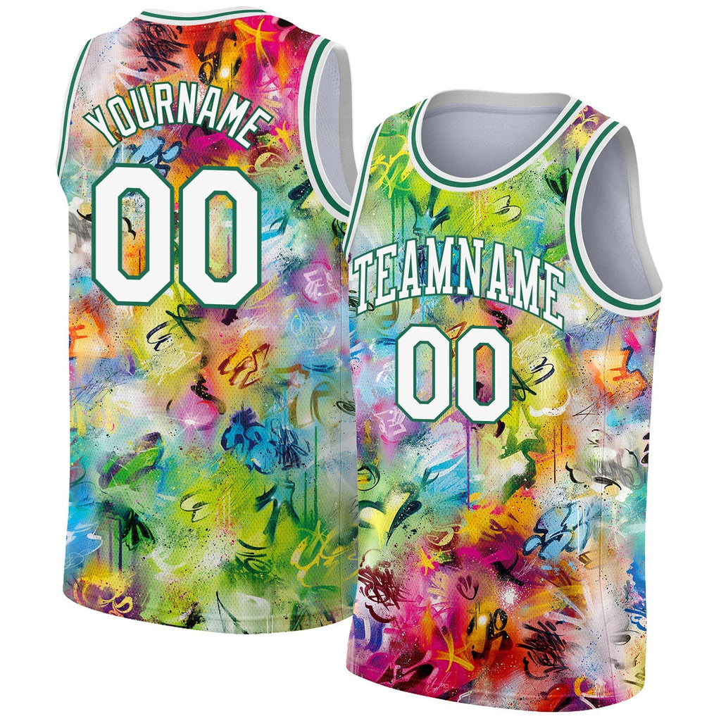 Custom Basketball Jersey - Scratch Graffiti Pattern White-Kelly Green 3D