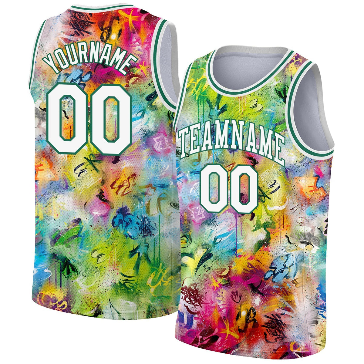 Custom Basketball Jersey - Scratch Graffiti Pattern White-Kelly Green 3D