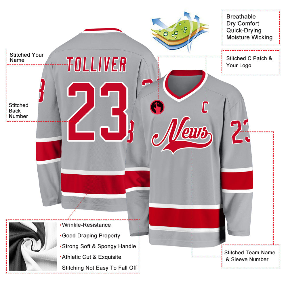 Custom Hockey Jersey - Gray Red-White