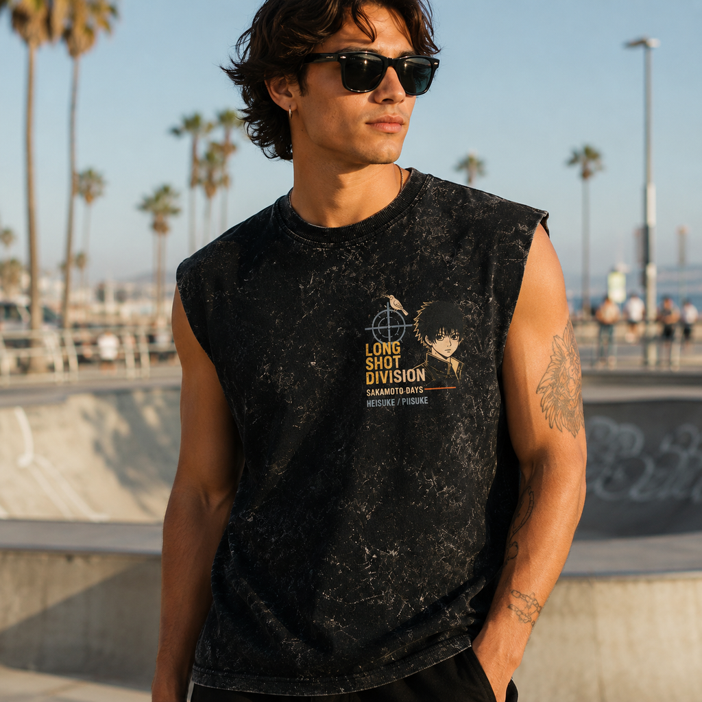 Heisuke Mashimo Sakamoto Days Anime Tank Top - Long Shot Uproar Acid Wash Vest