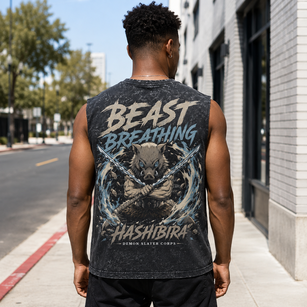 Inosuke Hashibira Demon Slayer Anime Tank Top - Beast Breathing Acid Wash Vest