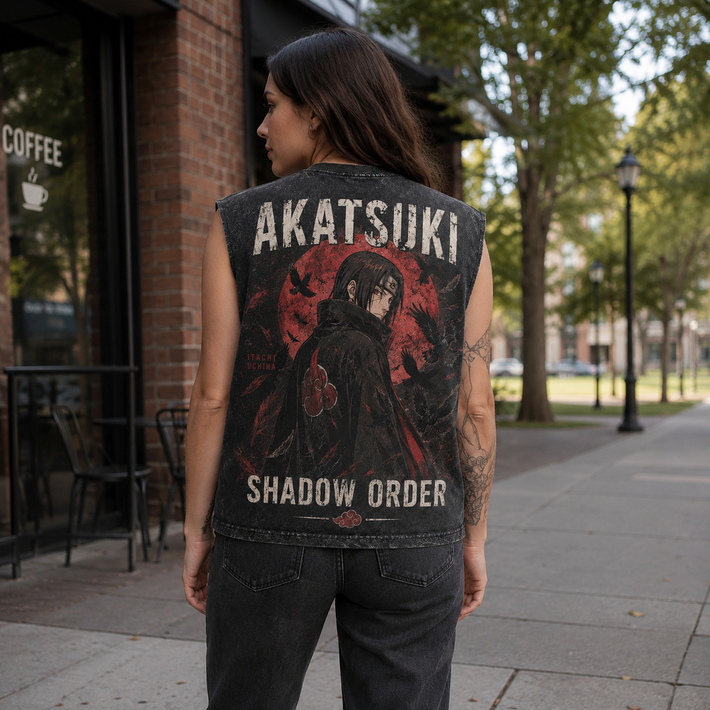 Itachi Uchiha Naruto Anime Tank Top - Akatsuki Shadow Order Acid Wash Vest