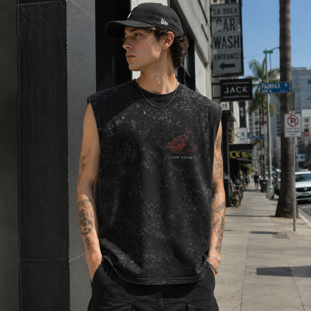 Itachi Uchiha Naruto Anime Tank Top - Shadow Of The Uchiha Acid Wash Vest