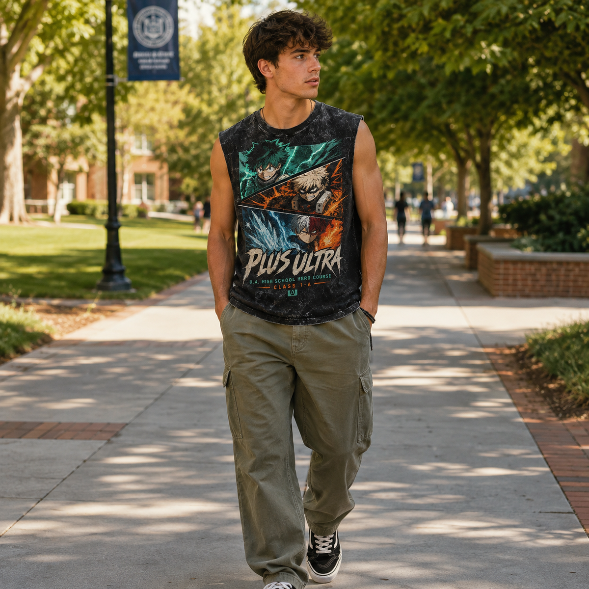 Izuku Midoriya, Katsuki Bakugo, Shoto Todoroki My Hero Academia Anime Tank Top - Plus Ultra Trio Acid Wash Vest