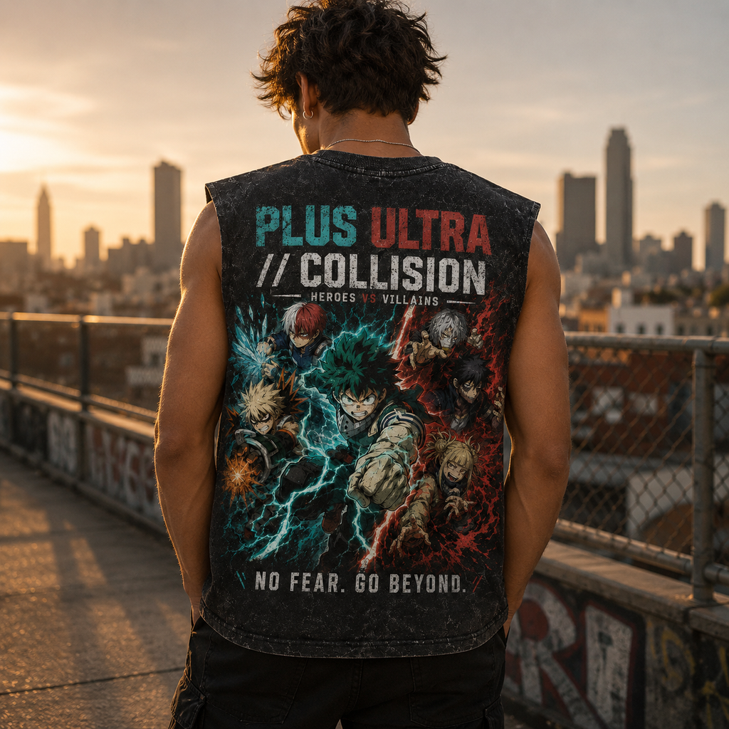 Izuku Midoriya, Katsuki Bakugo, Shoto Todoroki My Hero Academia Anime Tank Top - Plus Ultra Collision Acid Wash Vest