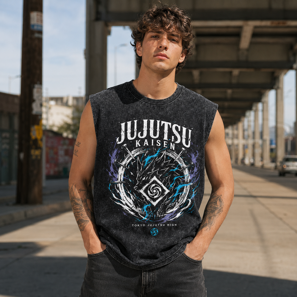 Jujutsu Kaisen Anime Tank Top - Cursed Energy Crew Acid Wash Vest