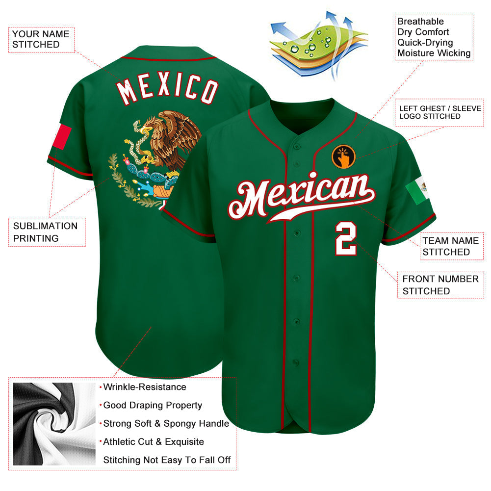Custom Baseball Jersey - Kelly Green White-Red Mexican Flag Fashion