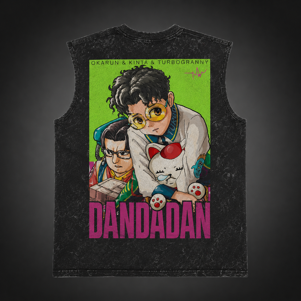 Ken Takakura & Turbo Granny Dandadan Anime Tank Top - Turbo Trio Acid Wash Vest