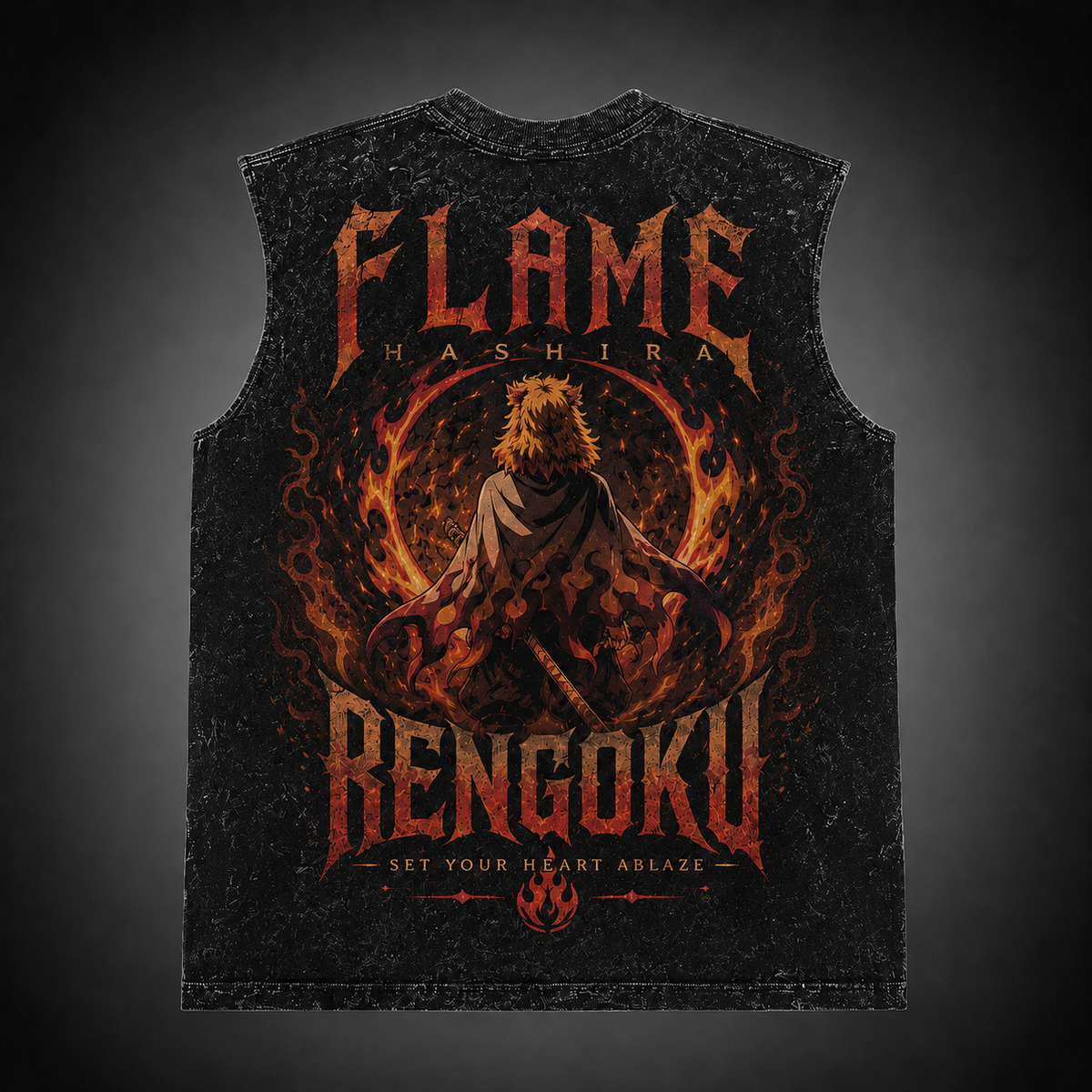 Kyojuro Rengoku Demon Slayer Anime Tank Top - Flame Hashira Blaze Acid Wash Vest