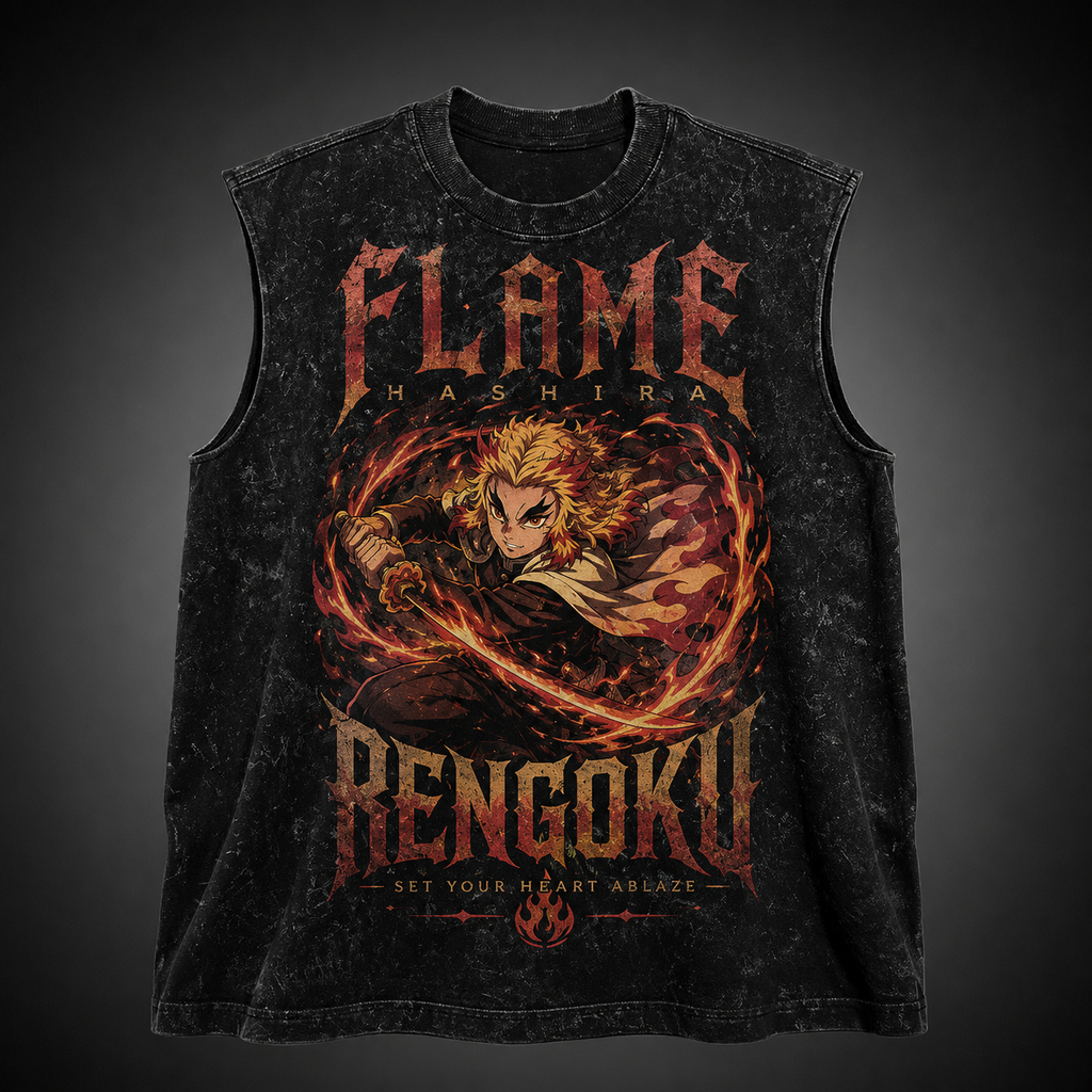 Kyojuro Rengoku Demon Slayer Anime Tank Top - Flame Hashira Blaze Acid Wash Vest