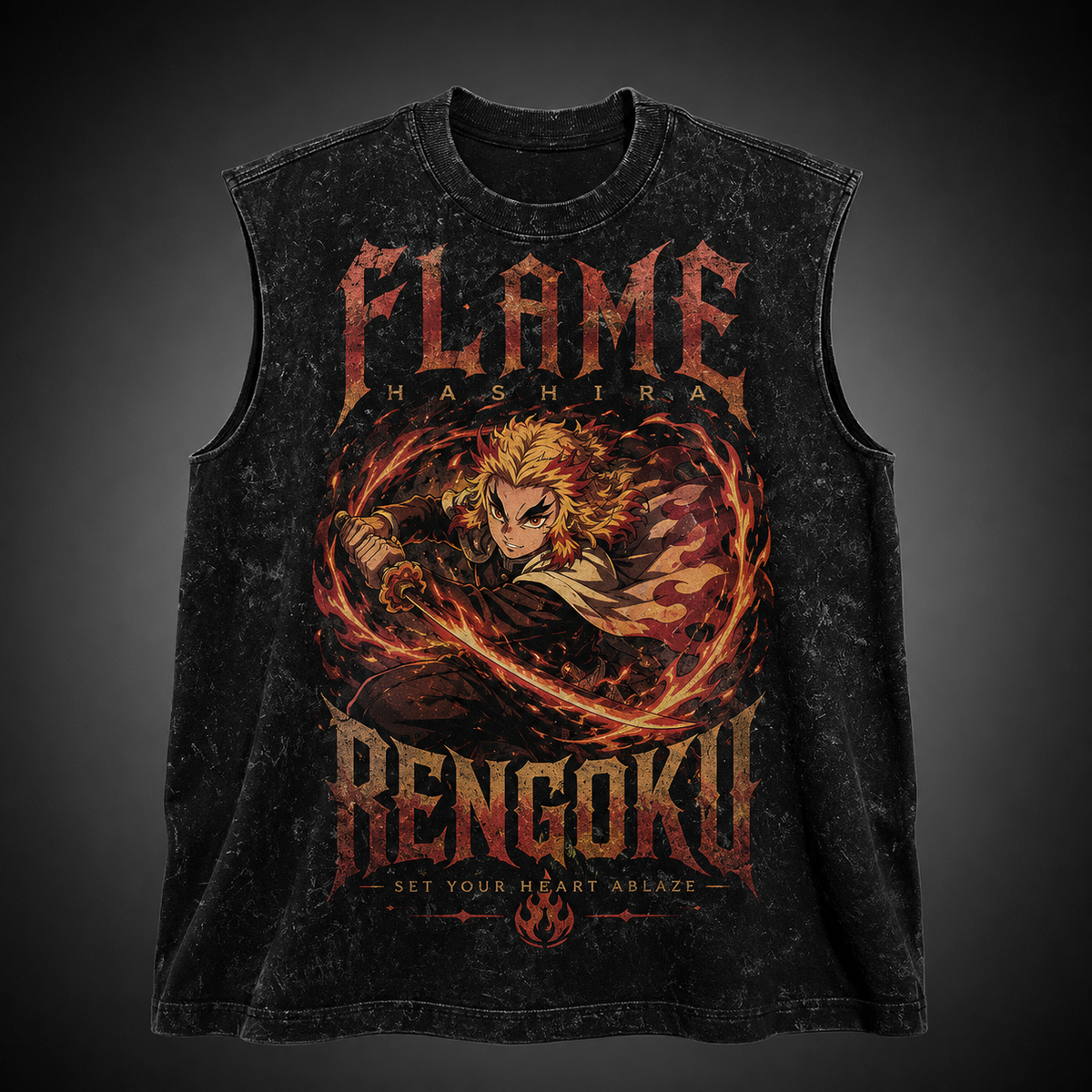 Kyojuro Rengoku Demon Slayer Anime Tank Top - Flame Hashira Blaze Acid Wash Vest