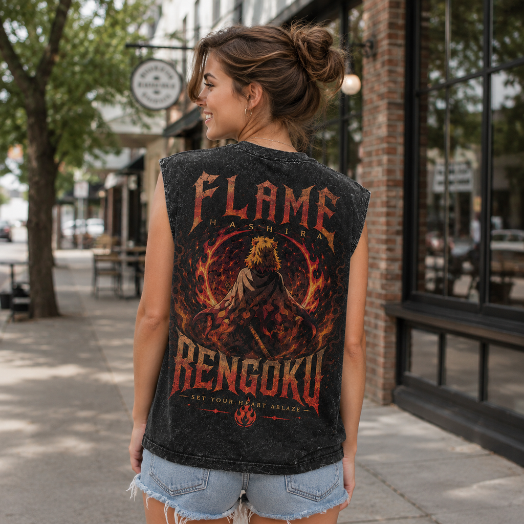 Kyojuro Rengoku Demon Slayer Anime Tank Top - Flame Hashira Blaze Acid Wash Vest