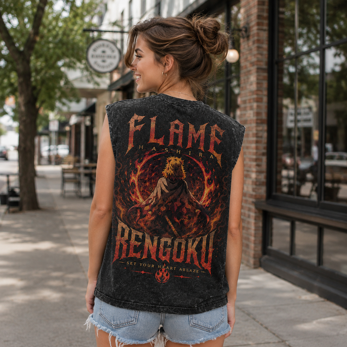 Kyojuro Rengoku Demon Slayer Anime Tank Top - Flame Hashira Blaze Acid Wash Vest