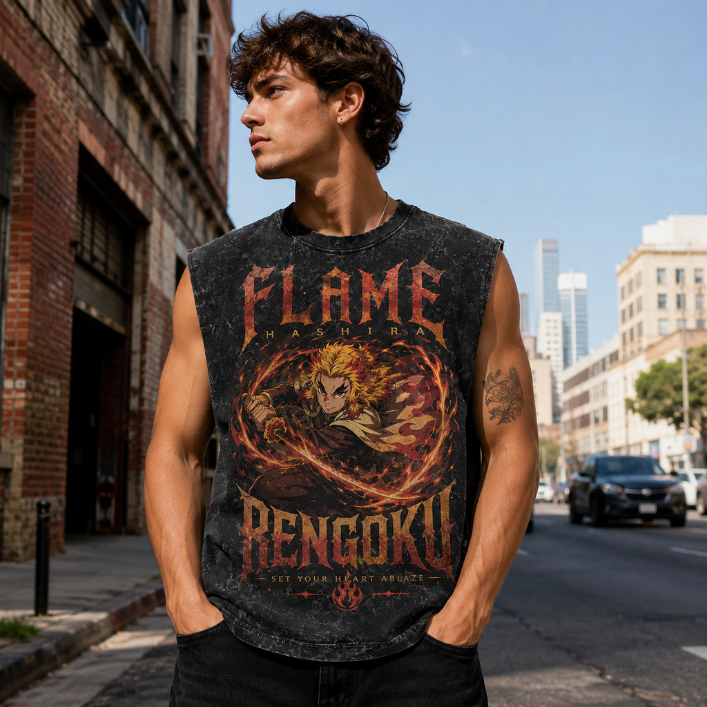 Kyojuro Rengoku Demon Slayer Anime Tank Top - Flame Hashira Blaze Acid Wash Vest