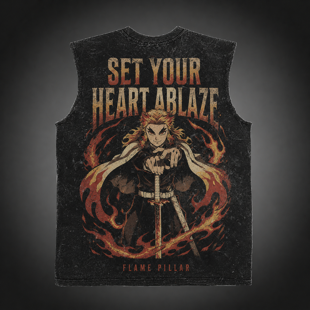 Kyojuro Rengoku Demon Slayer Anime Tank Top - Flame Pillar Acid Wash Vest