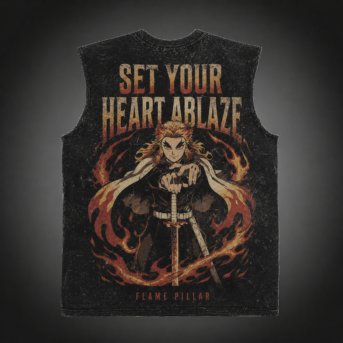 Kyojuro Rengoku Demon Slayer Anime Tank Top - Flame Pillar Acid Wash Vest