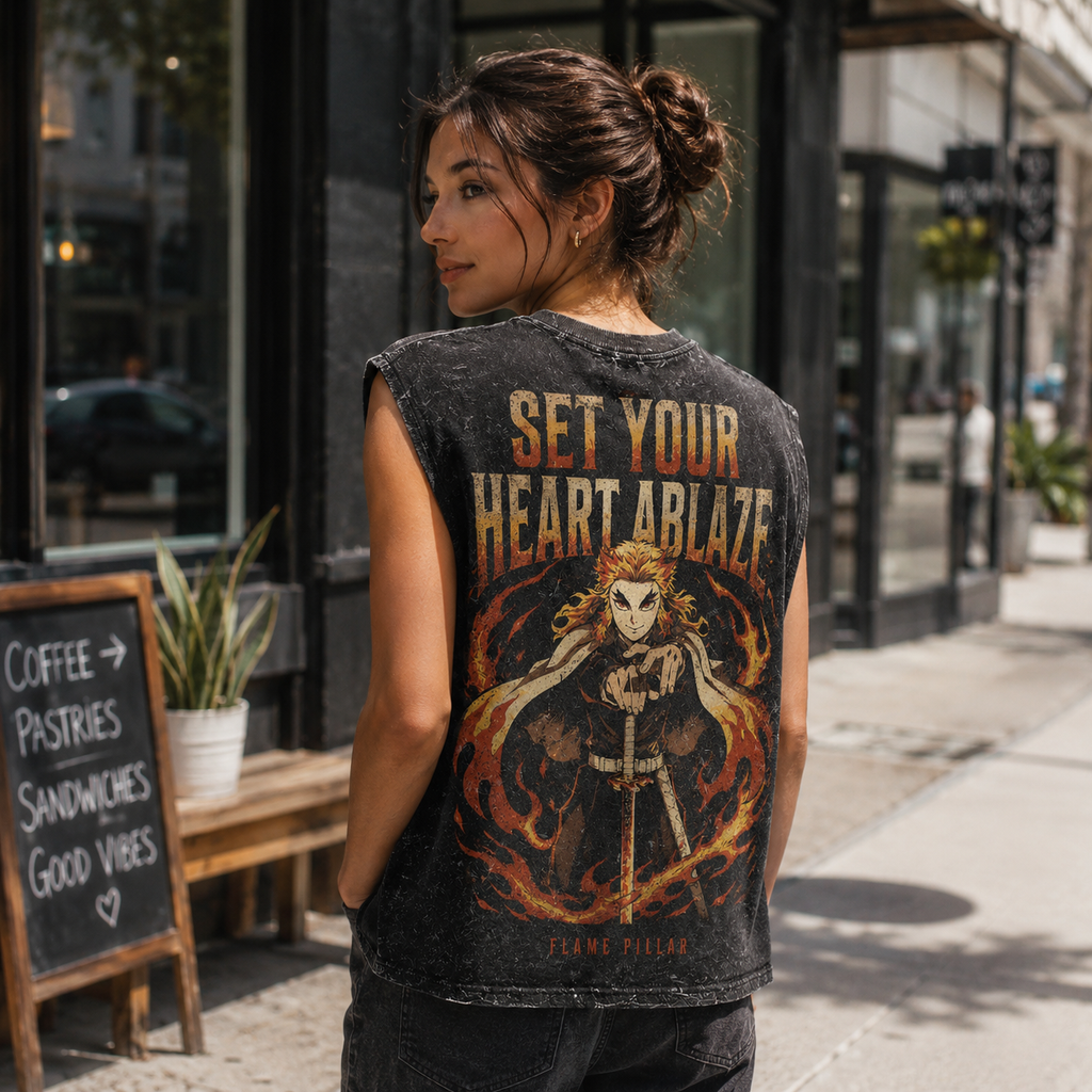 Kyojuro Rengoku Demon Slayer Anime Tank Top - Flame Pillar Acid Wash Vest