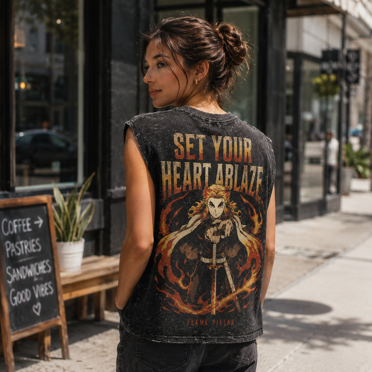 Kyojuro Rengoku Demon Slayer Anime Tank Top - Flame Pillar Acid Wash Vest