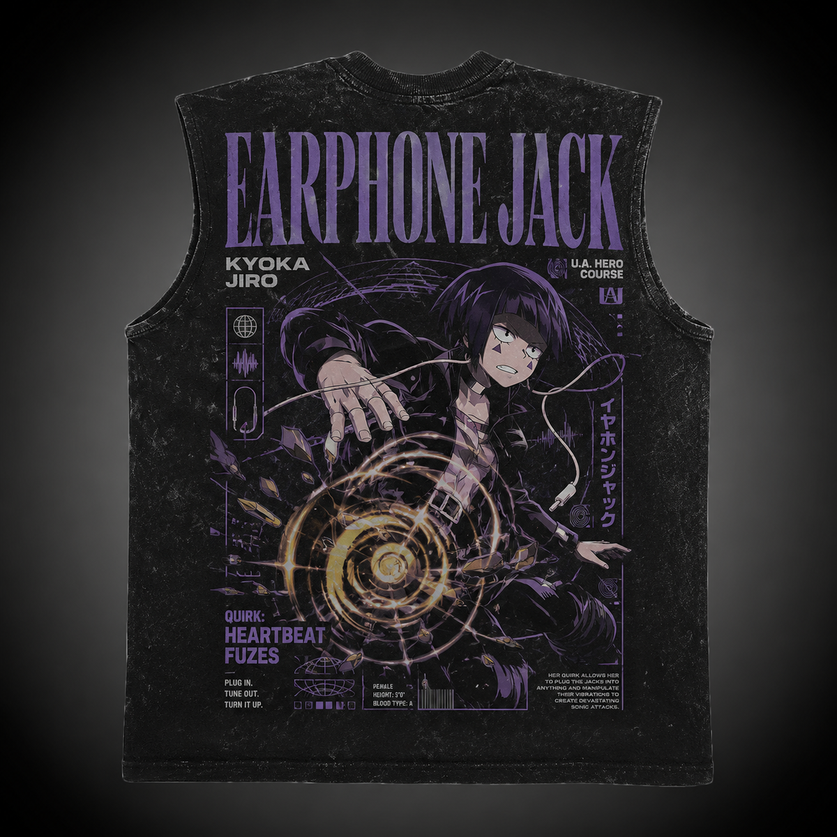 Kyoka Jiro My Hero Academia Anime Tank Top - Earphone Jack Heartbeat Fuzes Acid Wash Vest