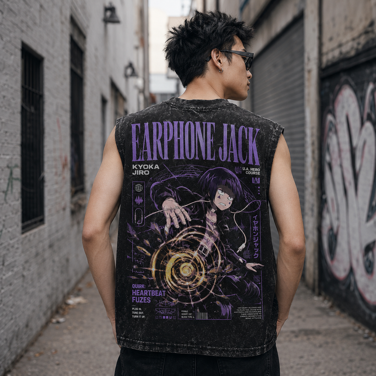 Kyoka Jiro My Hero Academia Anime Tank Top - Earphone Jack Heartbeat Fuzes Acid Wash Vest