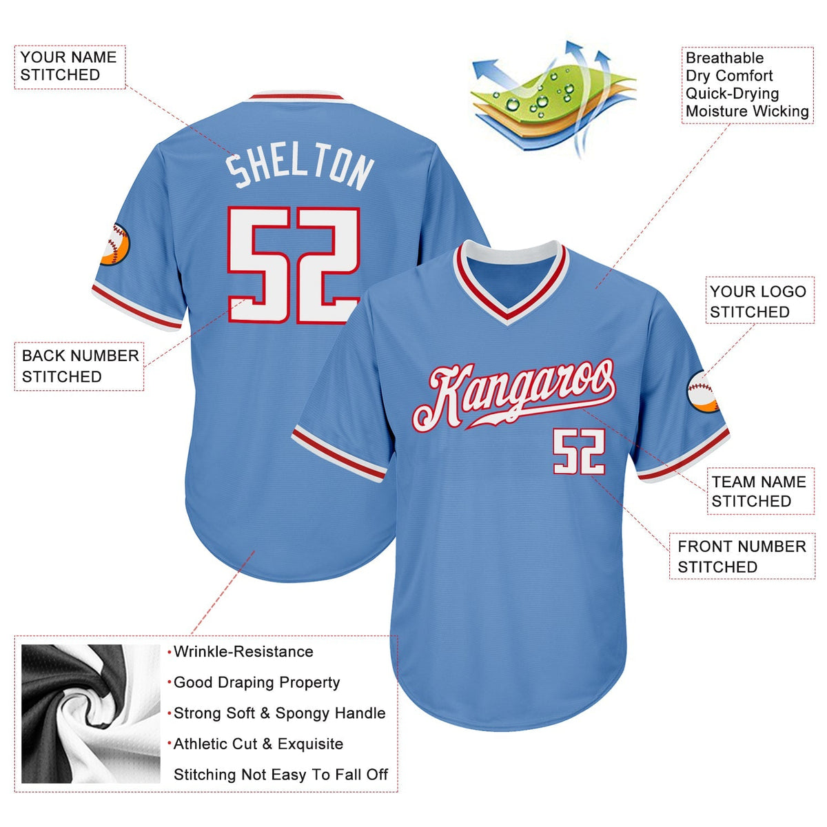 Custom Baseball Jersey - Light Blue White-Red Throwback Rib-Knit - Style LightBlue0053