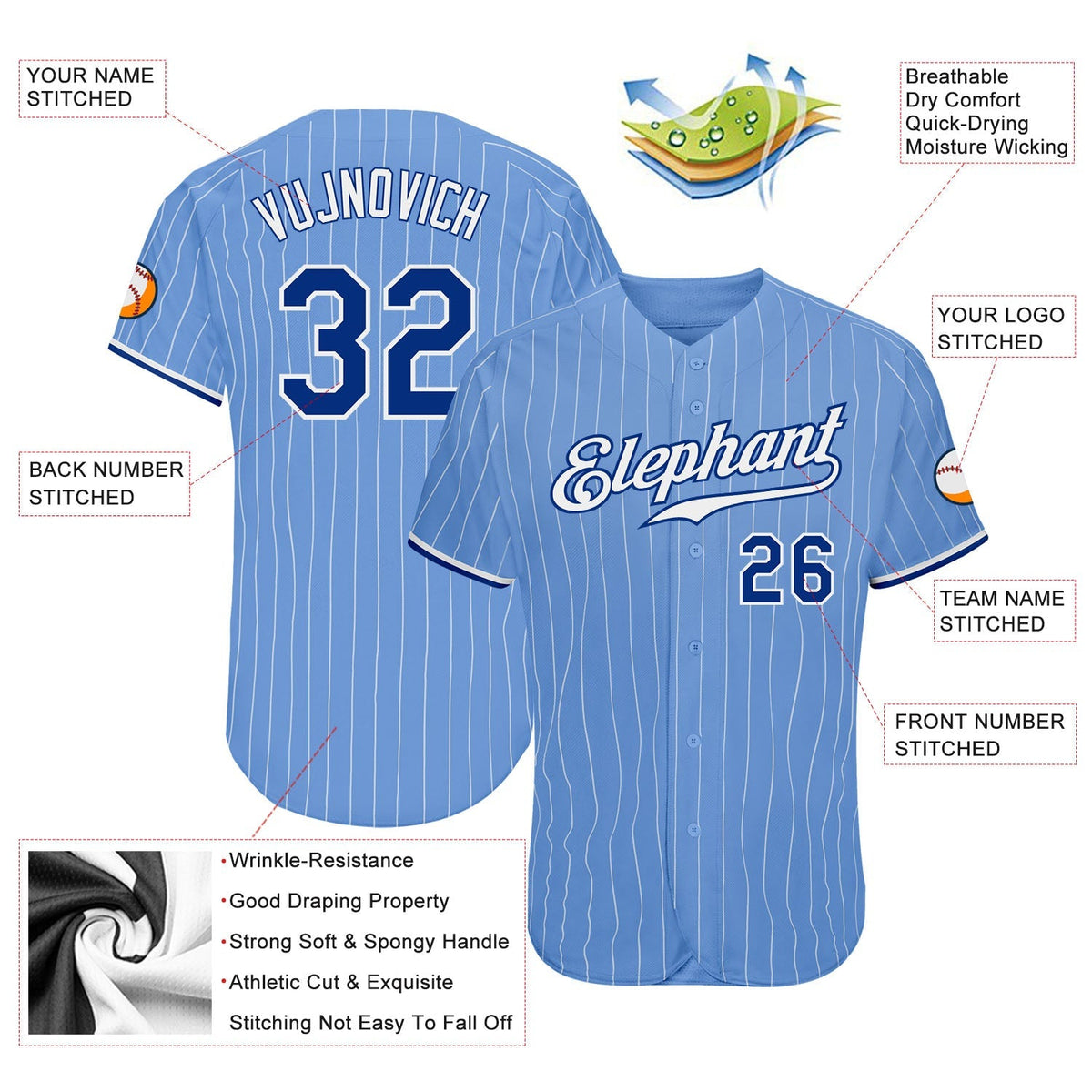 Custom Baseball Jersey - Light Blue White Pinstripe Royal-White