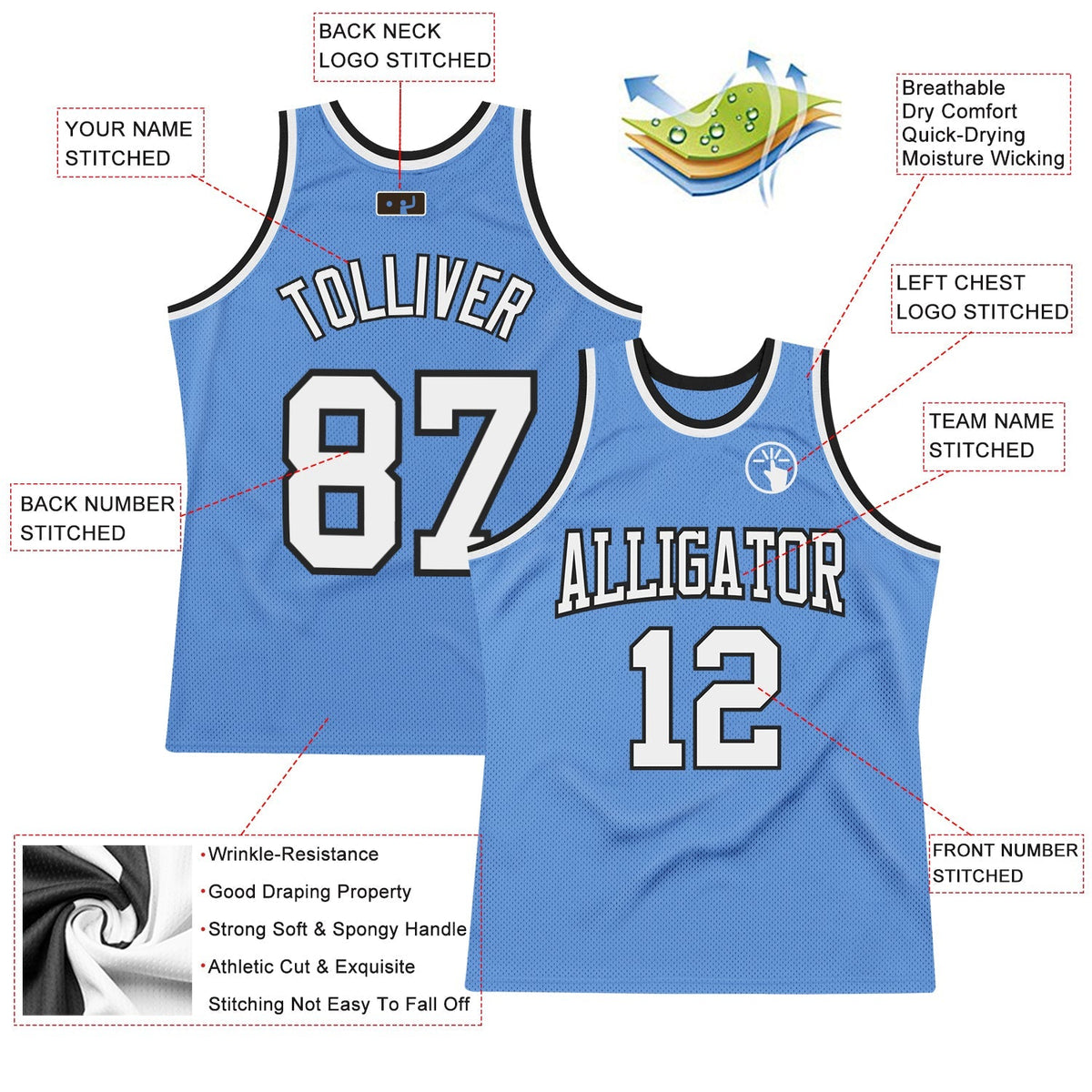 Custom Basketball Jersey - Light Blue White-Black Throwback