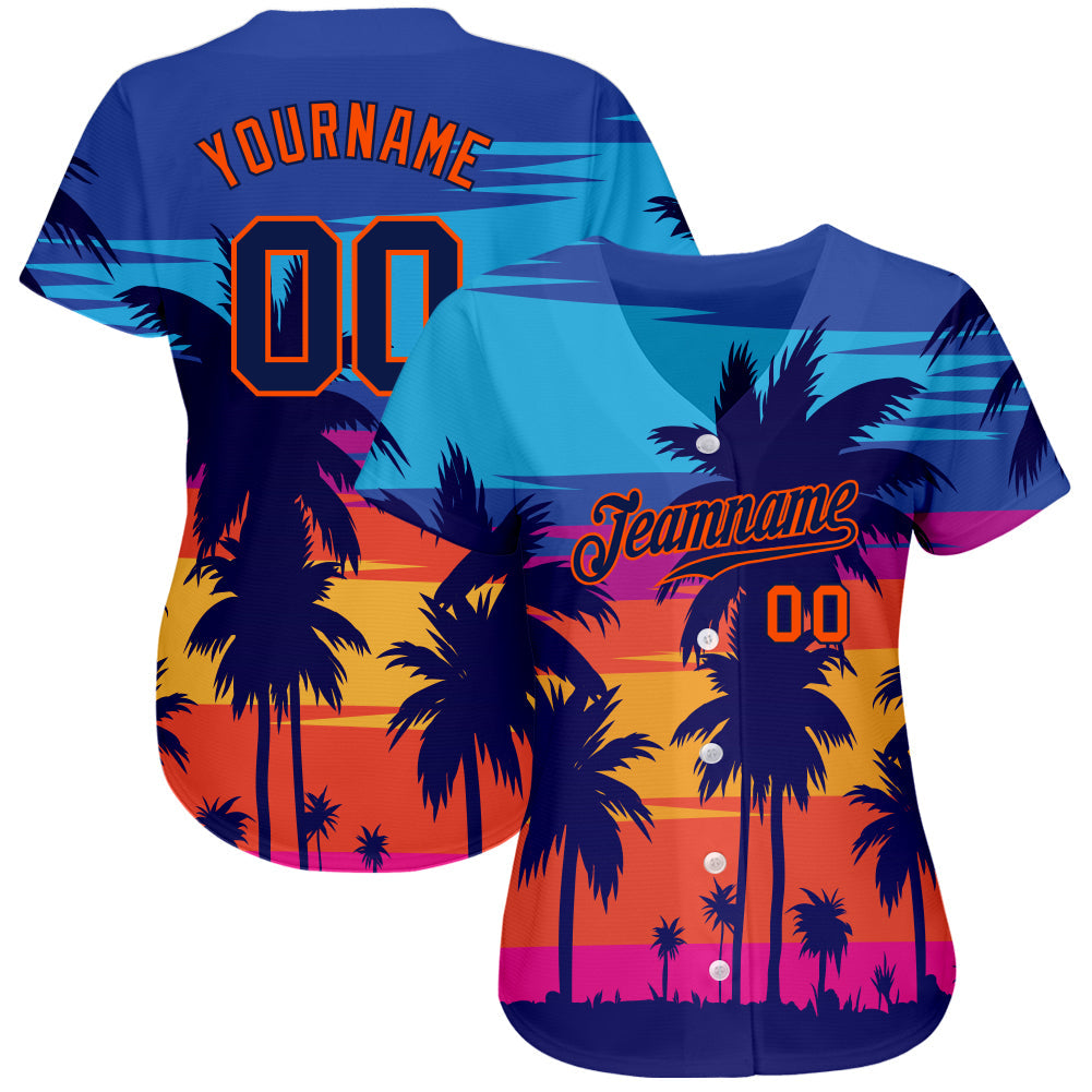 Custom Baseball Jersey - Royal Navy-Orange 3D Pattern Design Palm Trees