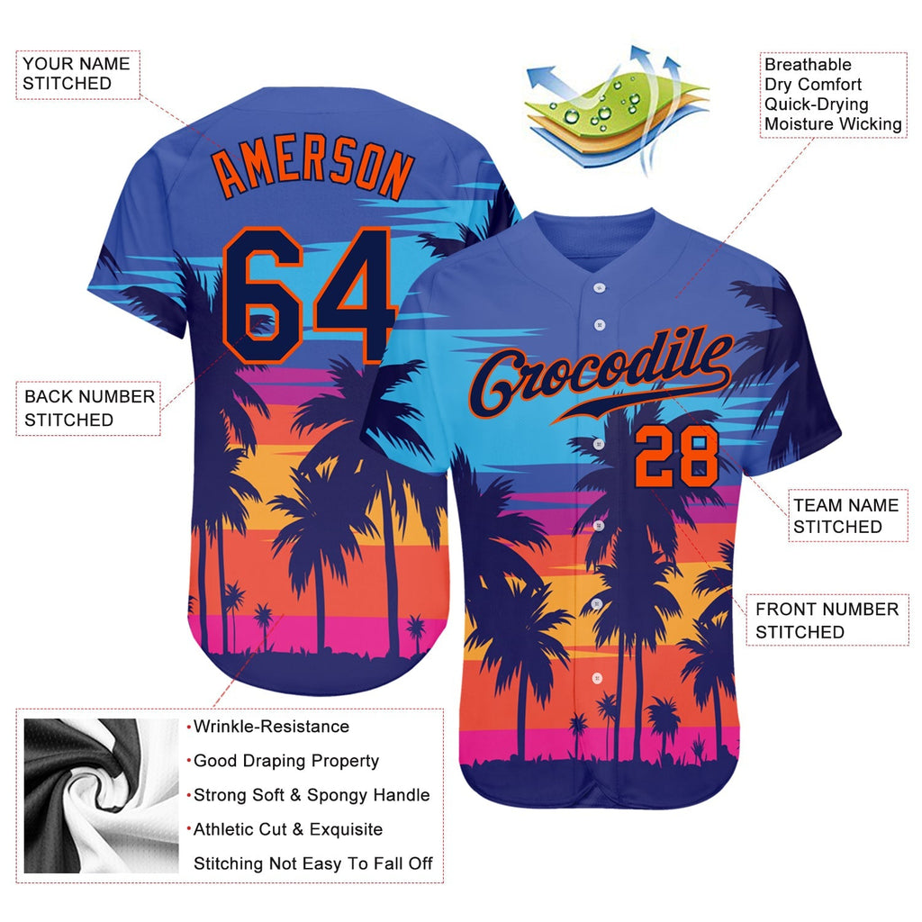 Custom Baseball Jersey - Royal Navy-Orange 3D Pattern Design Palm Trees