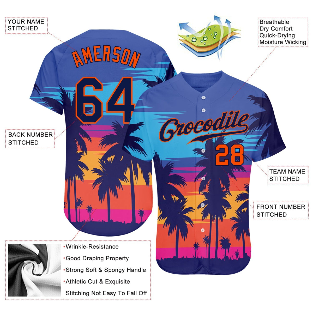 Custom Baseball Jersey - Royal Navy-Orange 3D Pattern Design Palm Trees