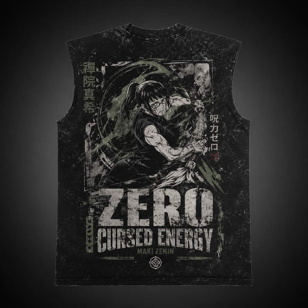 Maki Zenin Jujutsu Kaisen Anime Tank Top - Zero Cursed Energy Acid Wash Vest