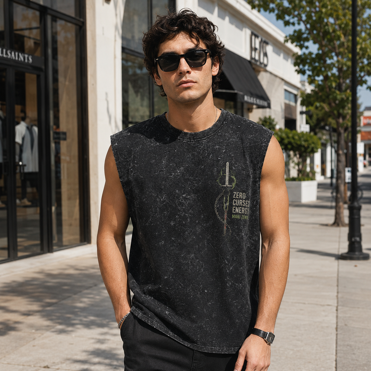 Maki Zenin Jujutsu Kaisen Anime Tank Top - Zero Cursed Energy Acid Wash Vest